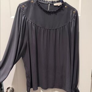 LOFT Charcoal Ruffle-Yoke Long Sleeve Blouse with Gold Buttons